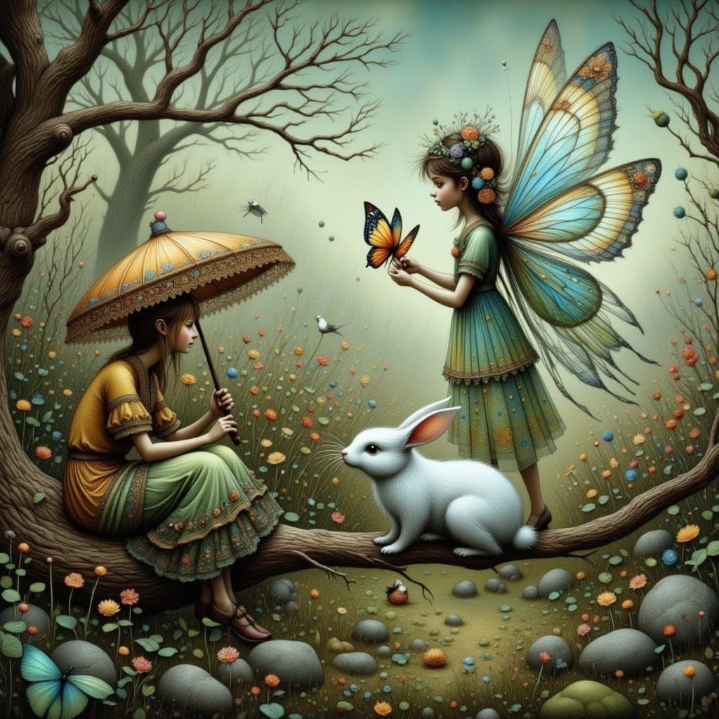 Enchanted Whimsy: Girl and Fairy Share a Moment on a Branch