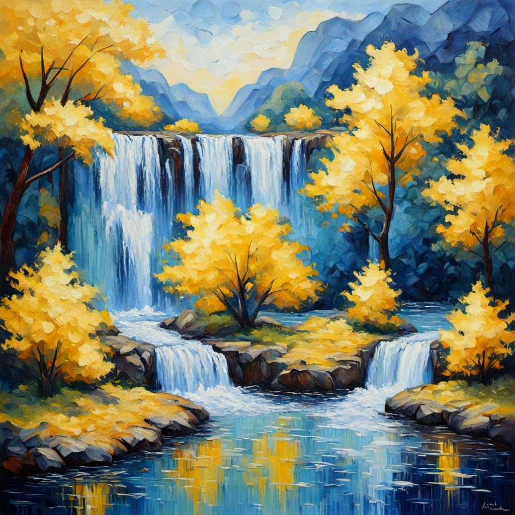 Dramatic Waterfall in Expressionist Oil Paint