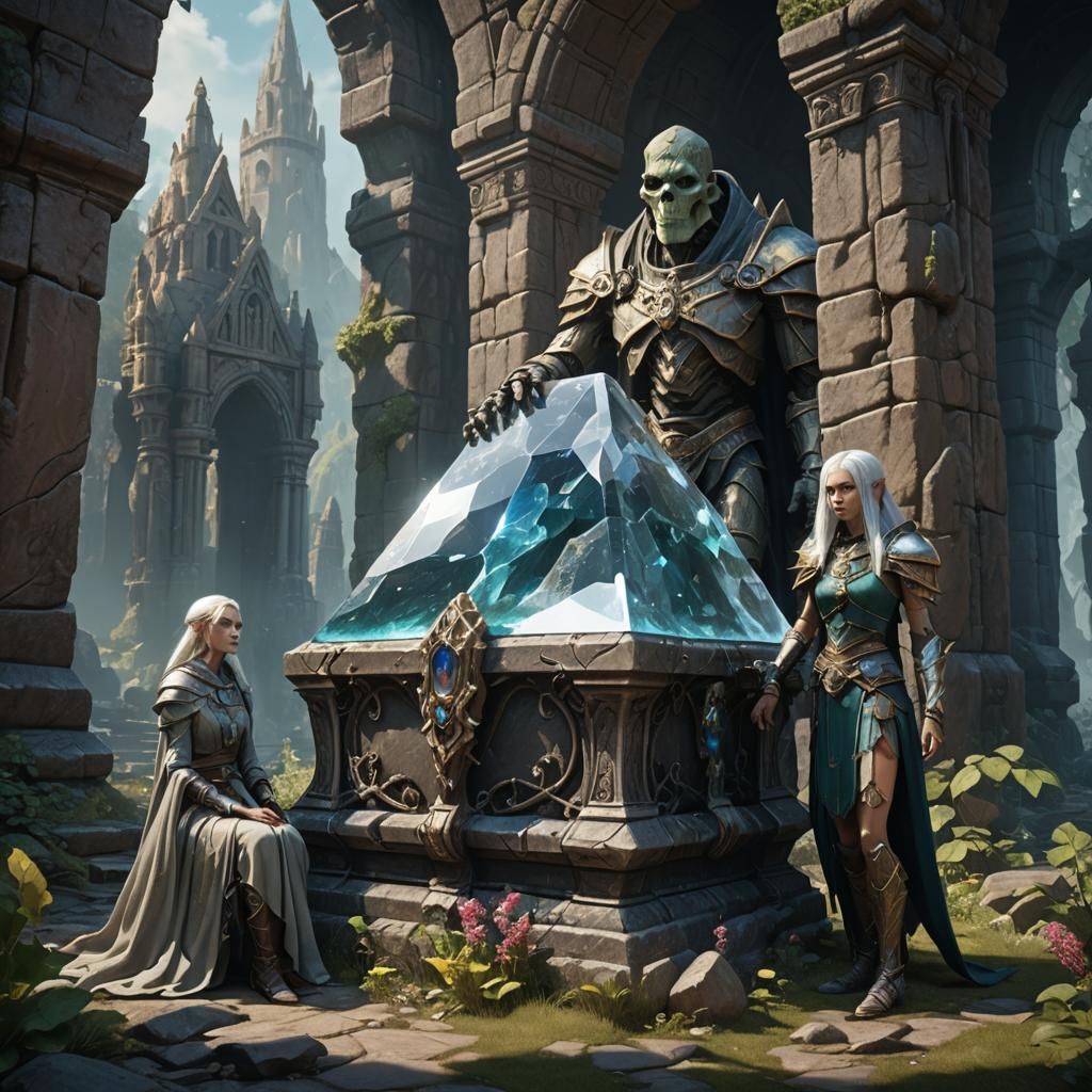 Stone Golem Guarding Elf Maiden in Crystal Coffin