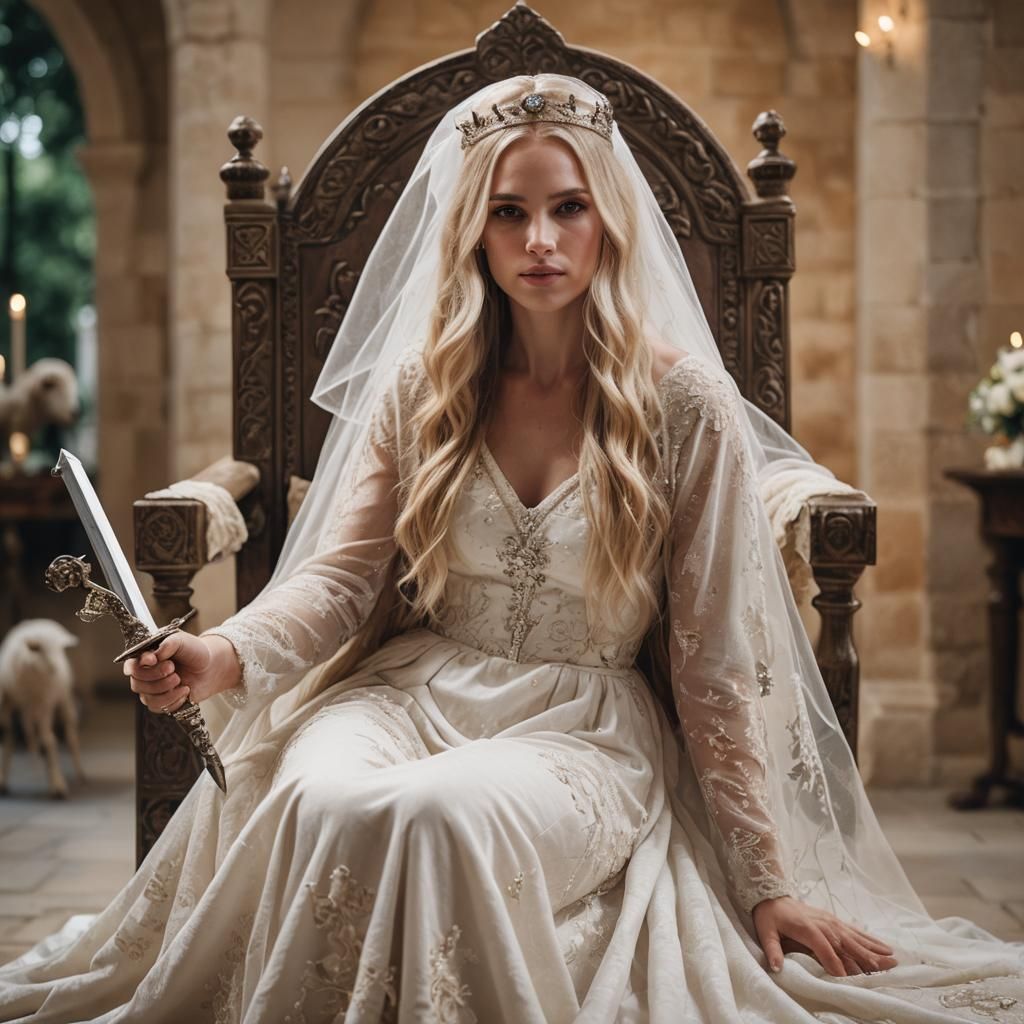 Veiled Woman with Sword and Lamb on Throne