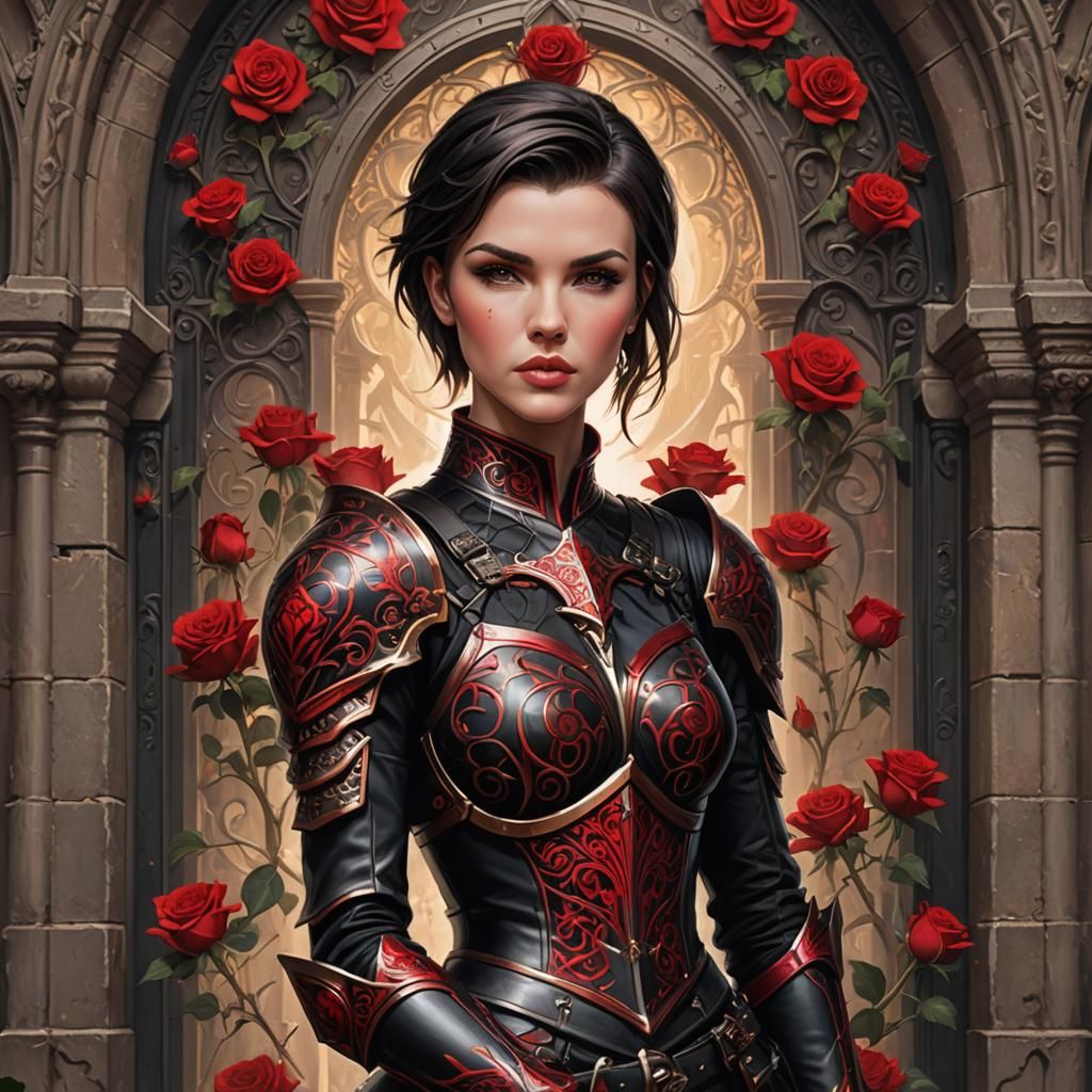 Beautiful Paladin with Rose Tattoos: Oil on Canvas