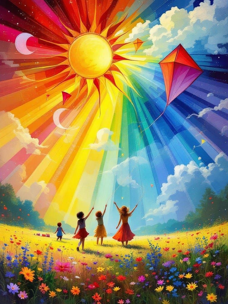 Vibrant Kite Flyers in a Sunny Meadow