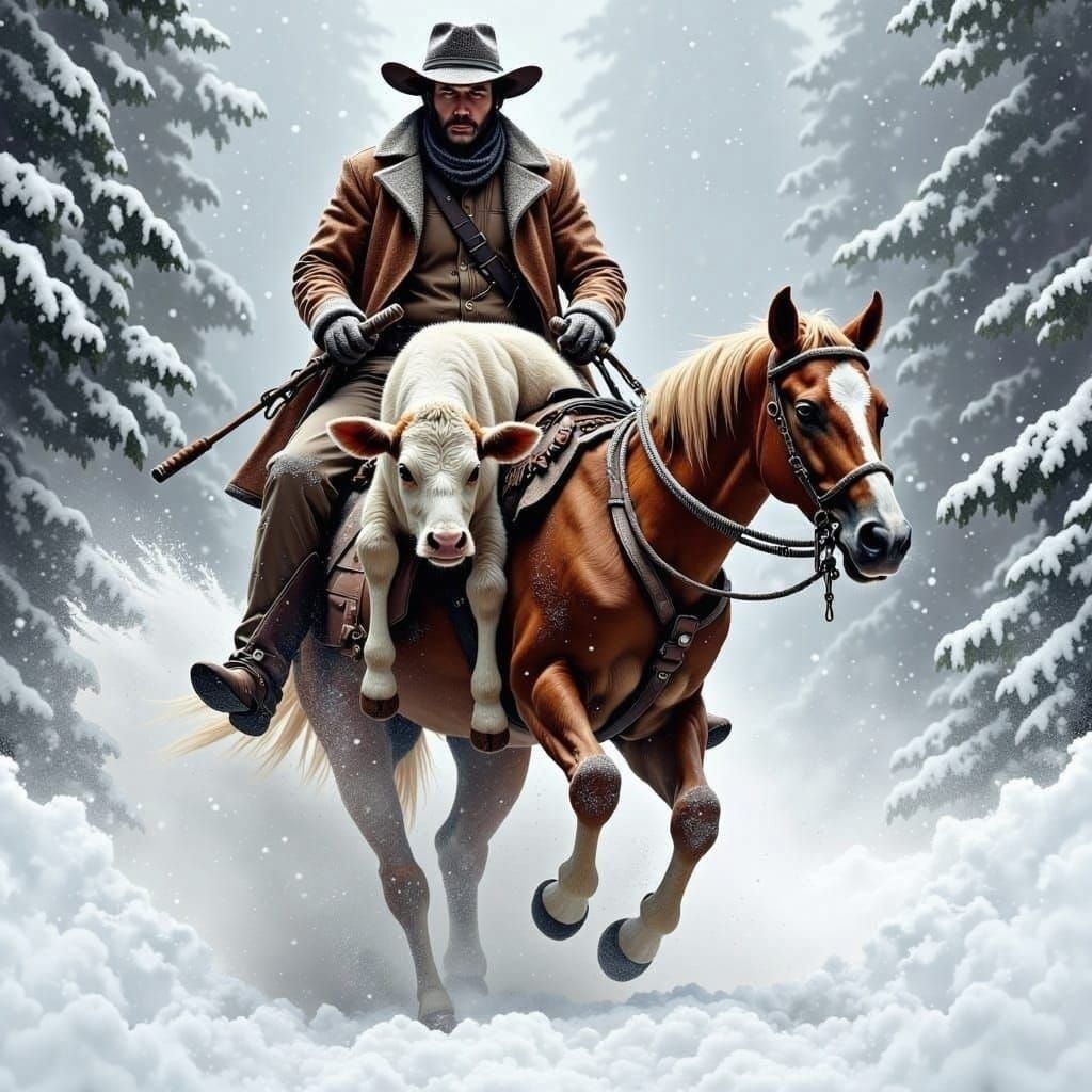 Cowboy's Blizzard Journey: A Dramatic Energy-Charged Illustr...