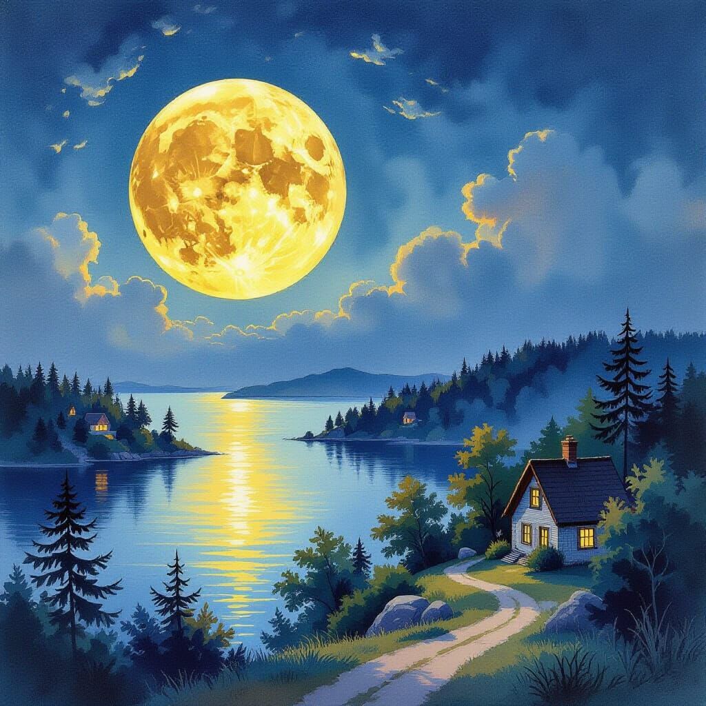 Moonlit Sky Over Mystical Islands and Cottages