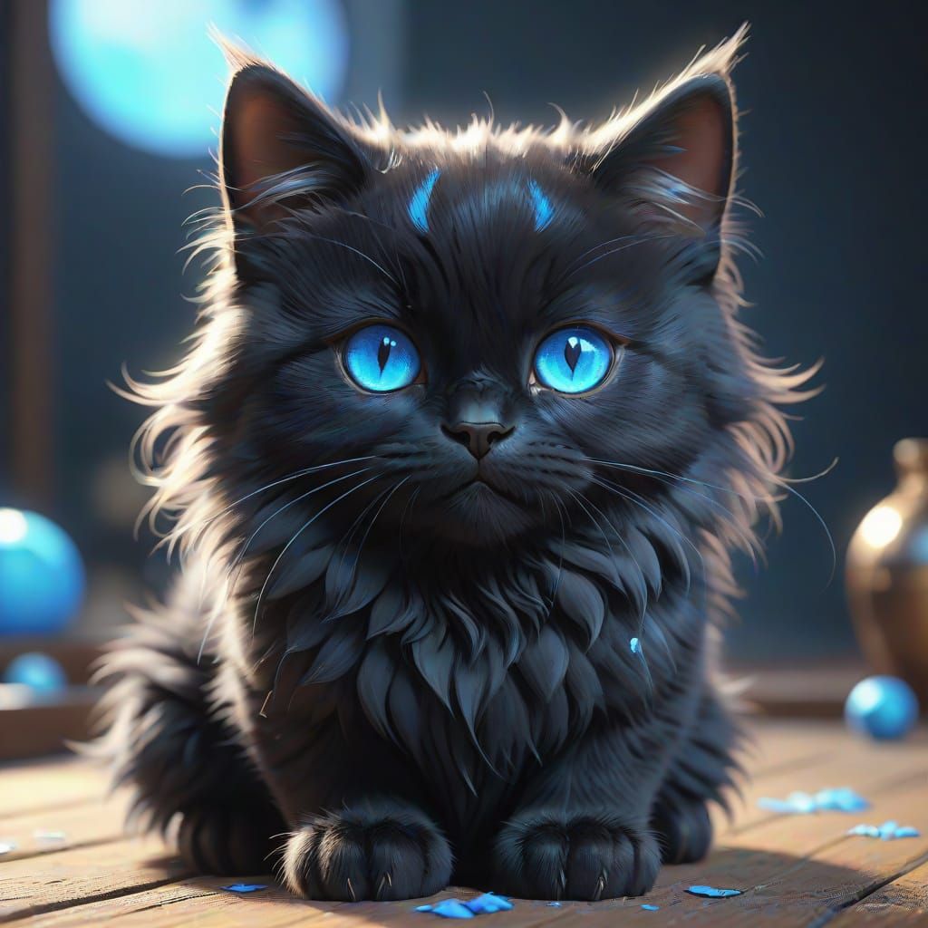 Cute Fluffy Black Cat with Blue Eyes in 3D Anime Art