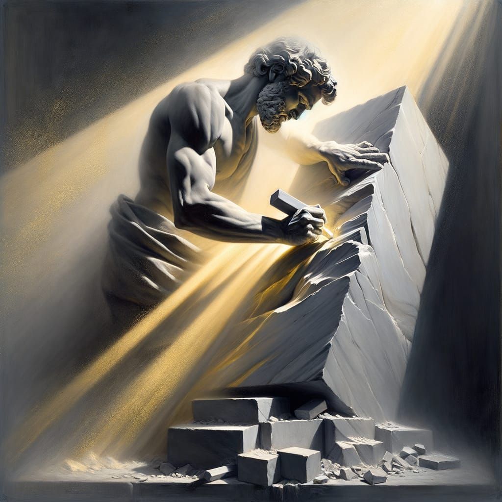 Baroque Sculpture: Man Carving Marble in Light