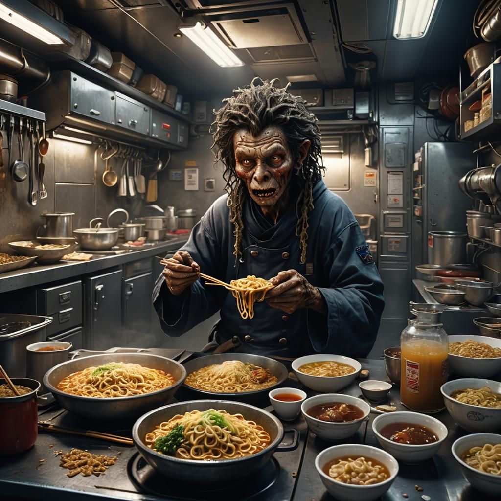 Sailor Eating Noodles: Dark Fantasy Concept Art