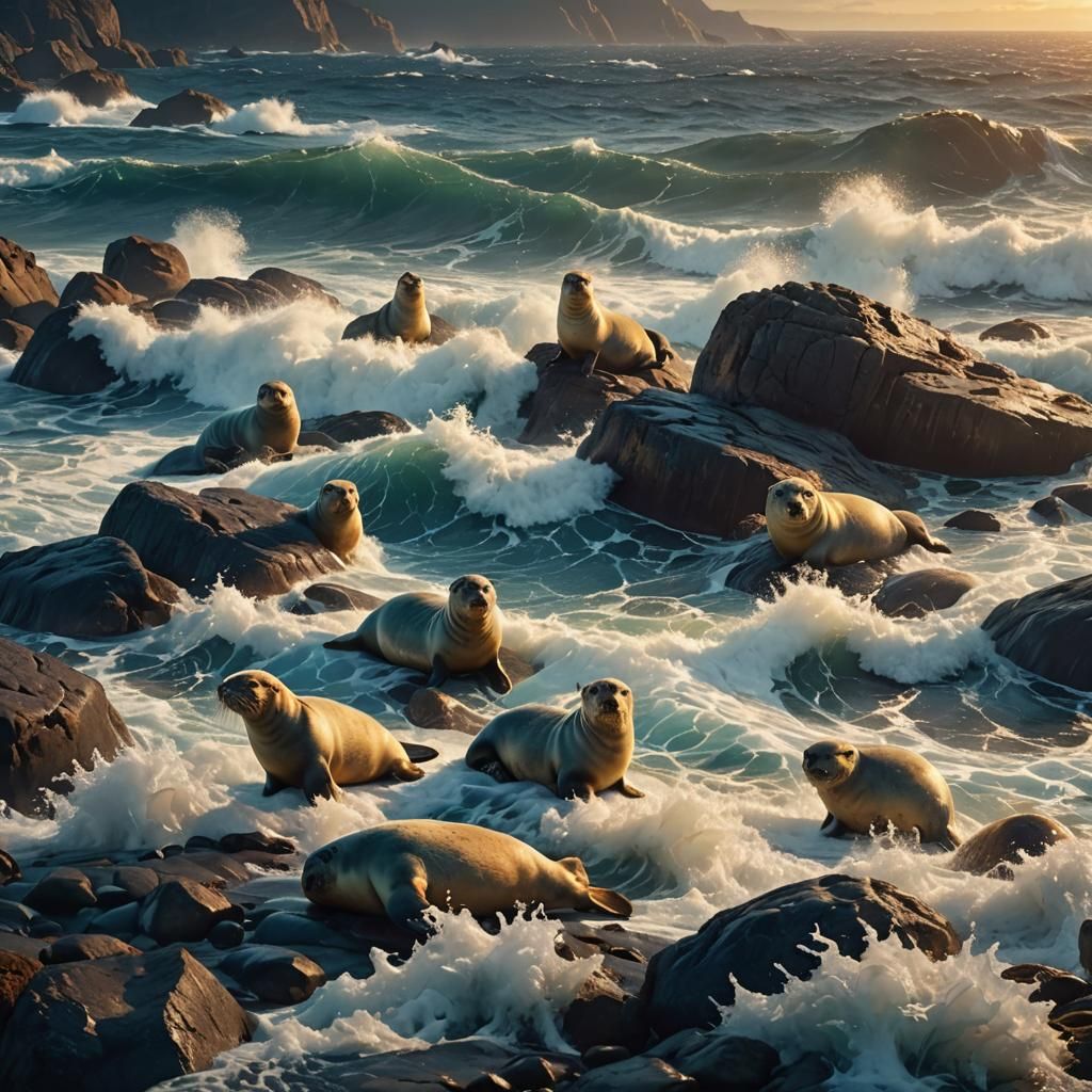 Seals Lounging on Rocks in Rough Seas: Digital Painting
