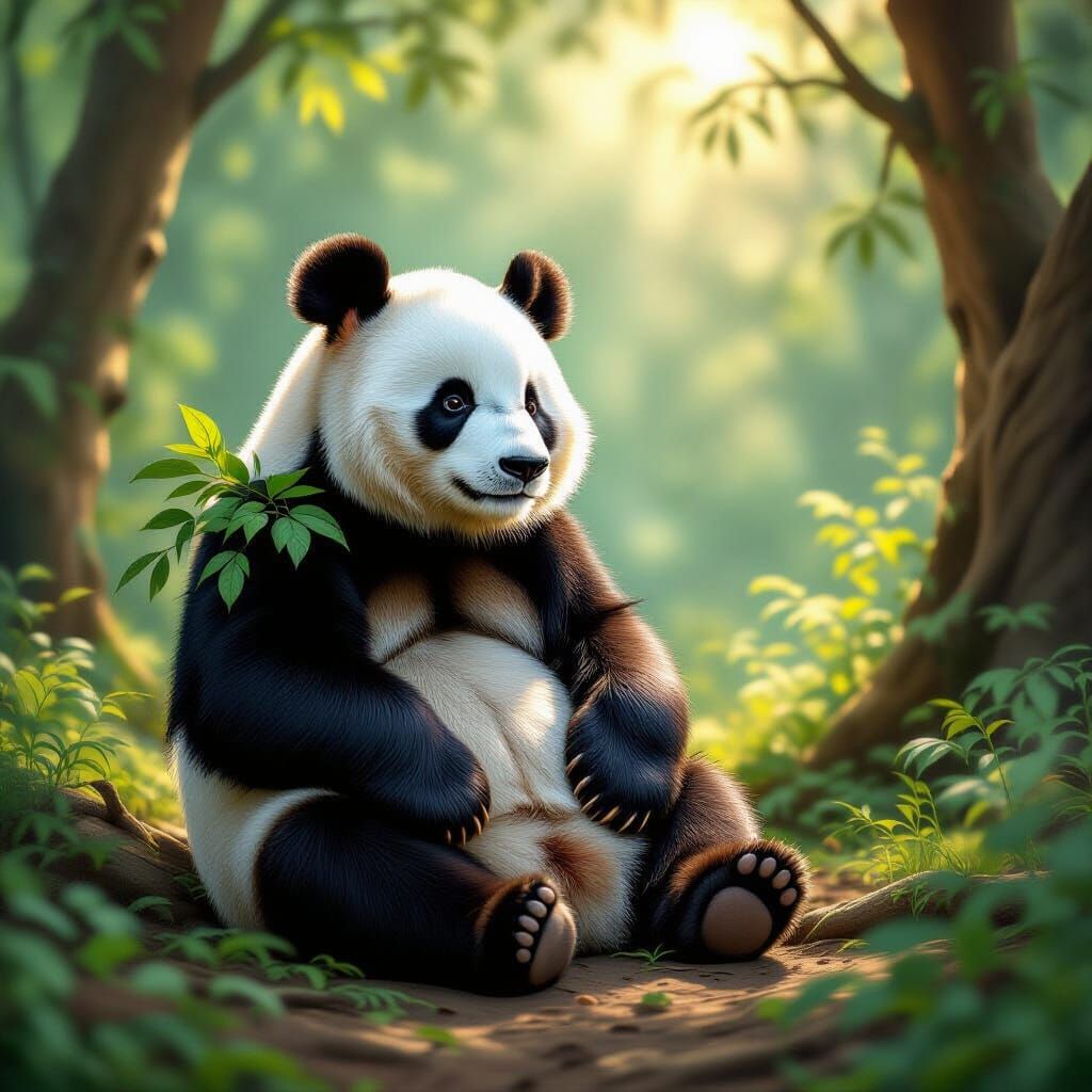 Wise Panda Meditating in Sunlit Ancient Forest