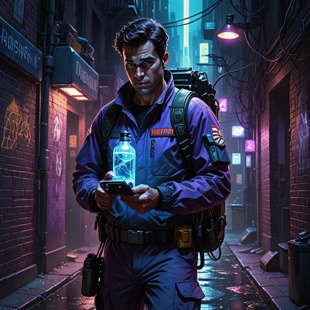 Ghostbuster with Futuristic Device in Neon Alley