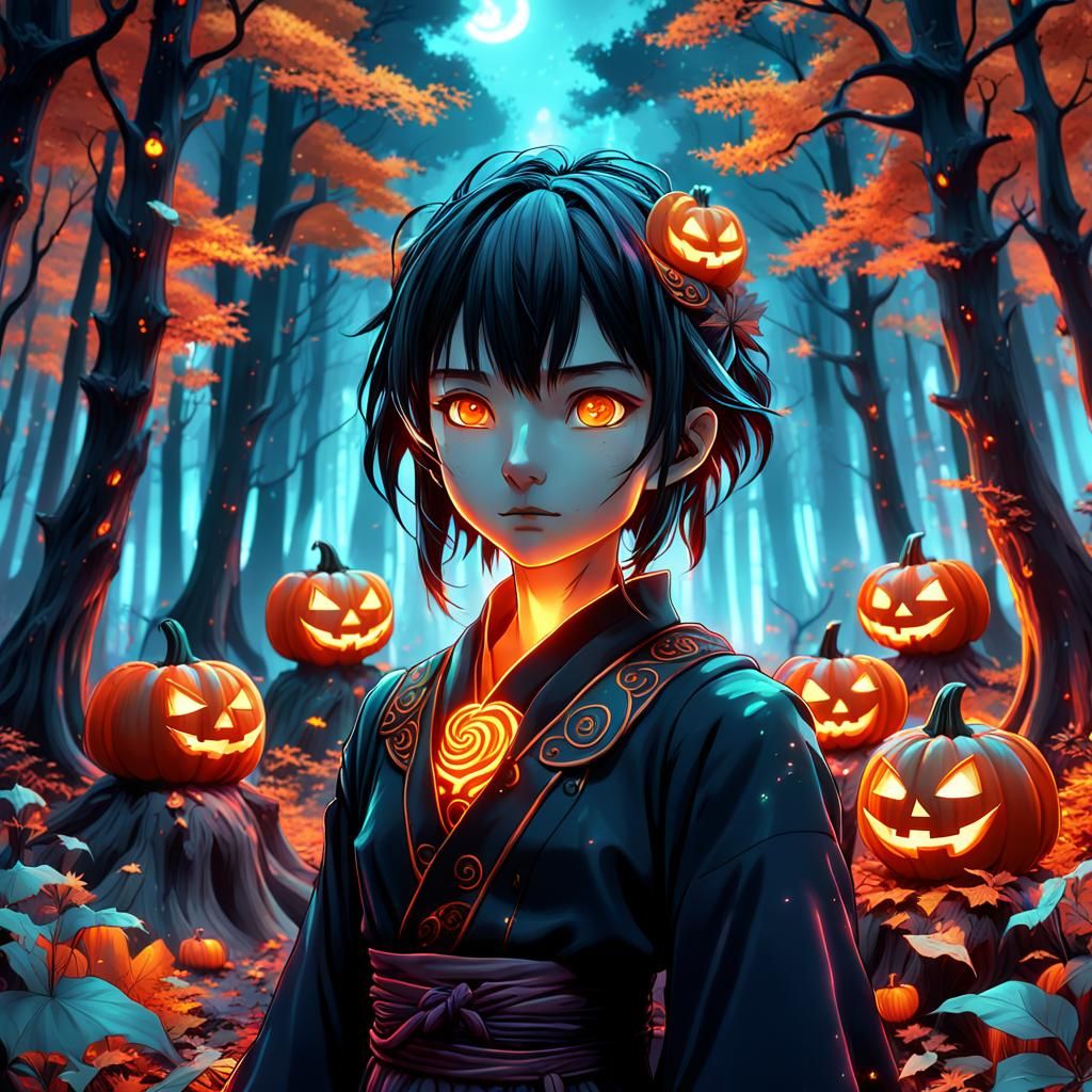 Shishigami in Mystical Halloween Forest, Digital Art