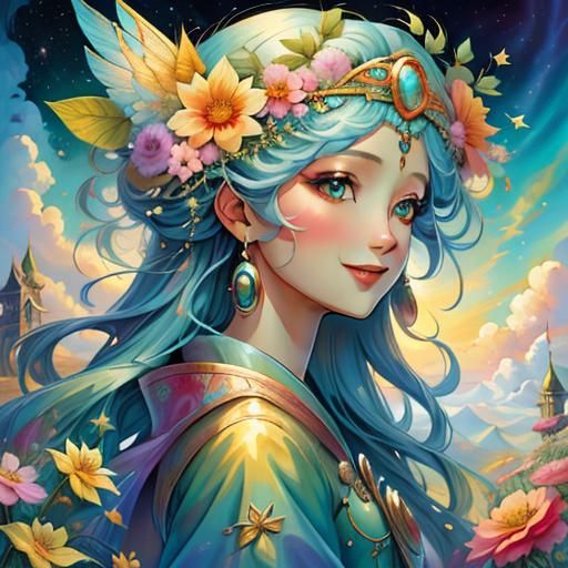 Summer Goddess with Abstract Cloud Background