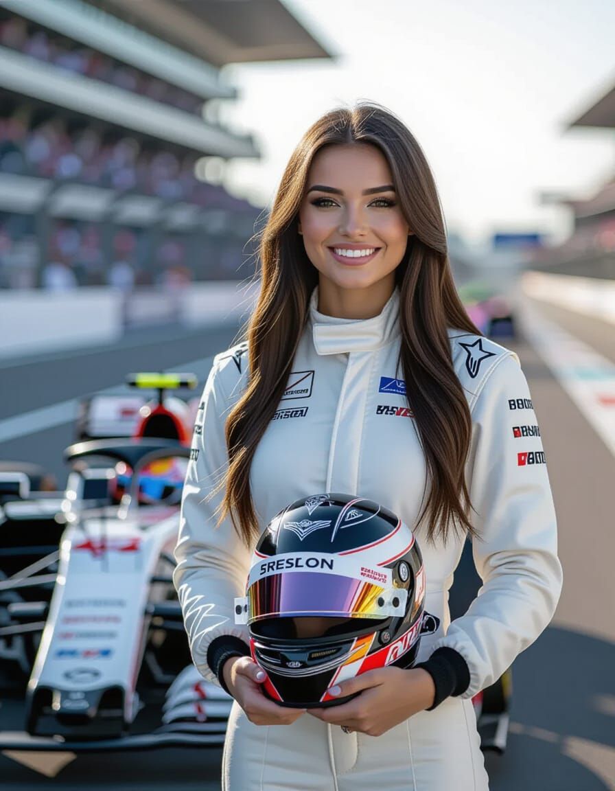 Russian Woman Racer With Formula Car in Hyper-Realistic Phot...