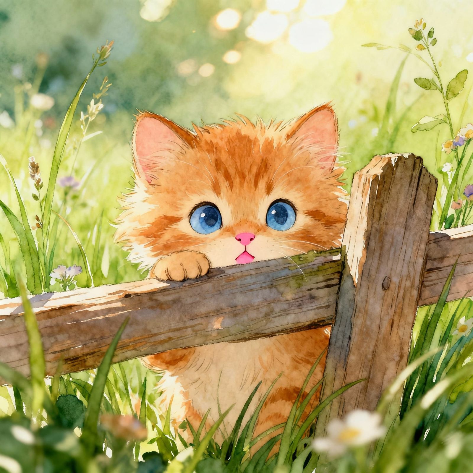 Adorable Ginger Kitten Peeking Through Wooden Fence