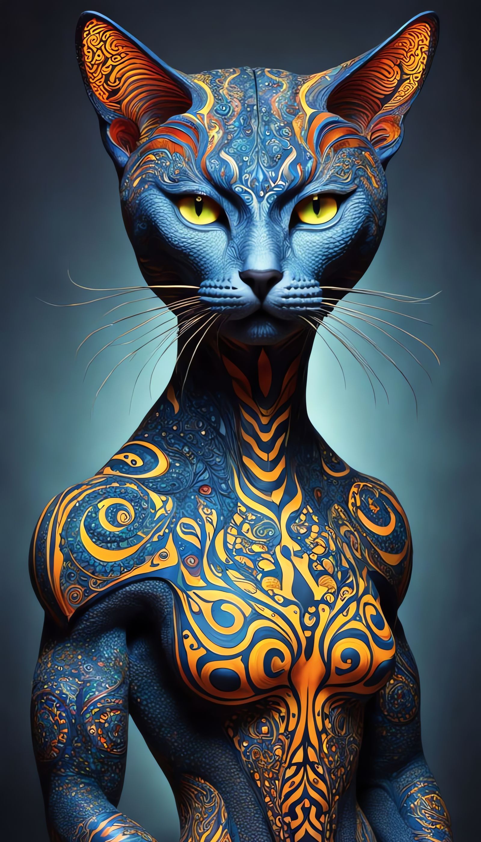 Surreal Cat Humanoid Figure in Psychedelic Art