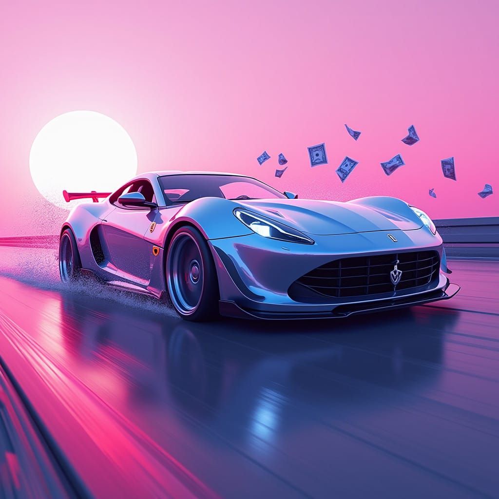 Sleek Sports Car Speeds Down Vibrant Pink Road with Dollar B...