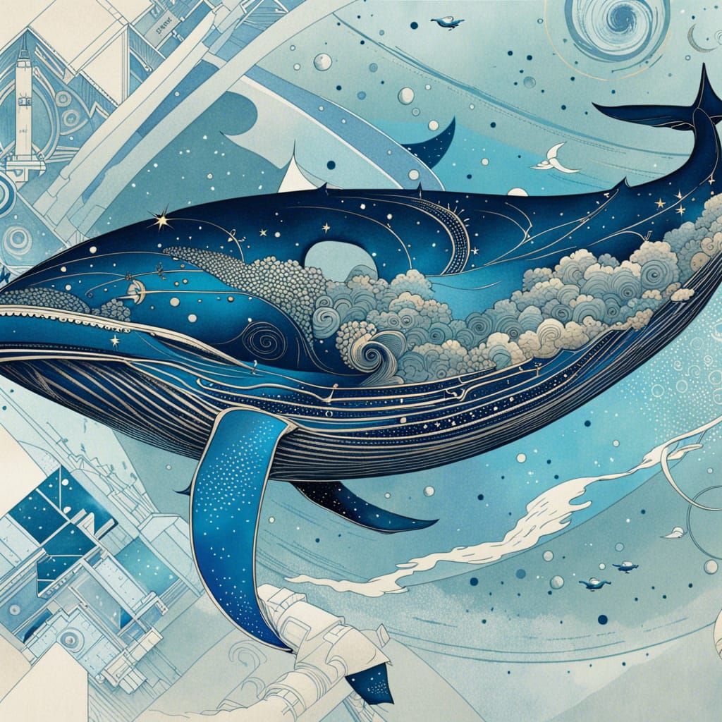 Monochromatic Space Whale in Leonardo DaVinci Style