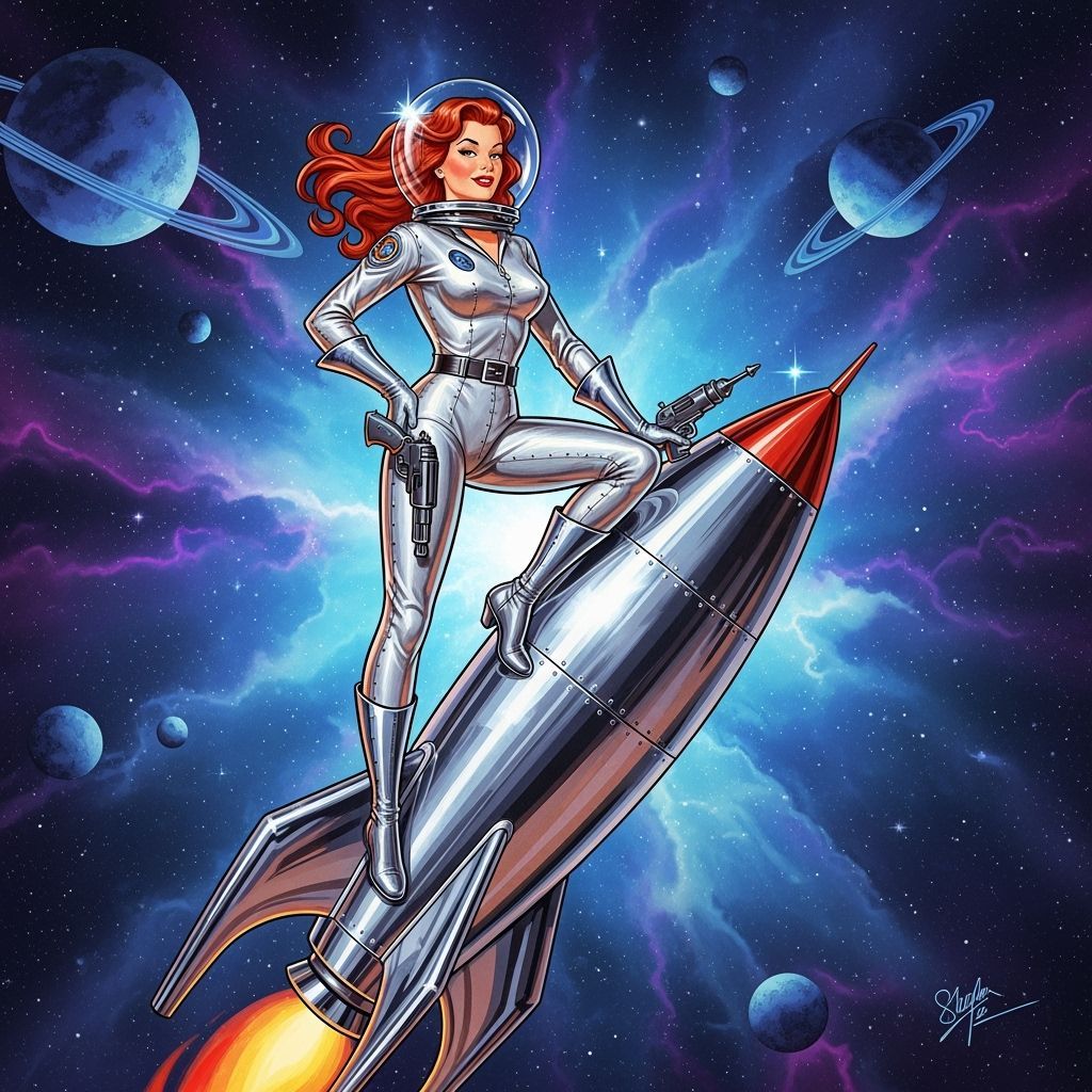 Retro Sci-Fi Pin-Up Girl on Rocket in Nebula