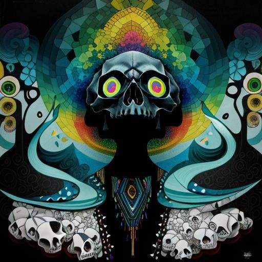 Skull with Rainbow Geometric Architecture in Pop Surrealism