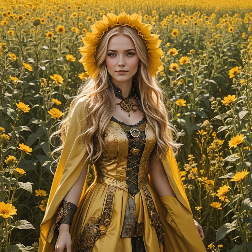 Golden Woman in Yellow Flower Field with Steampunk Engine