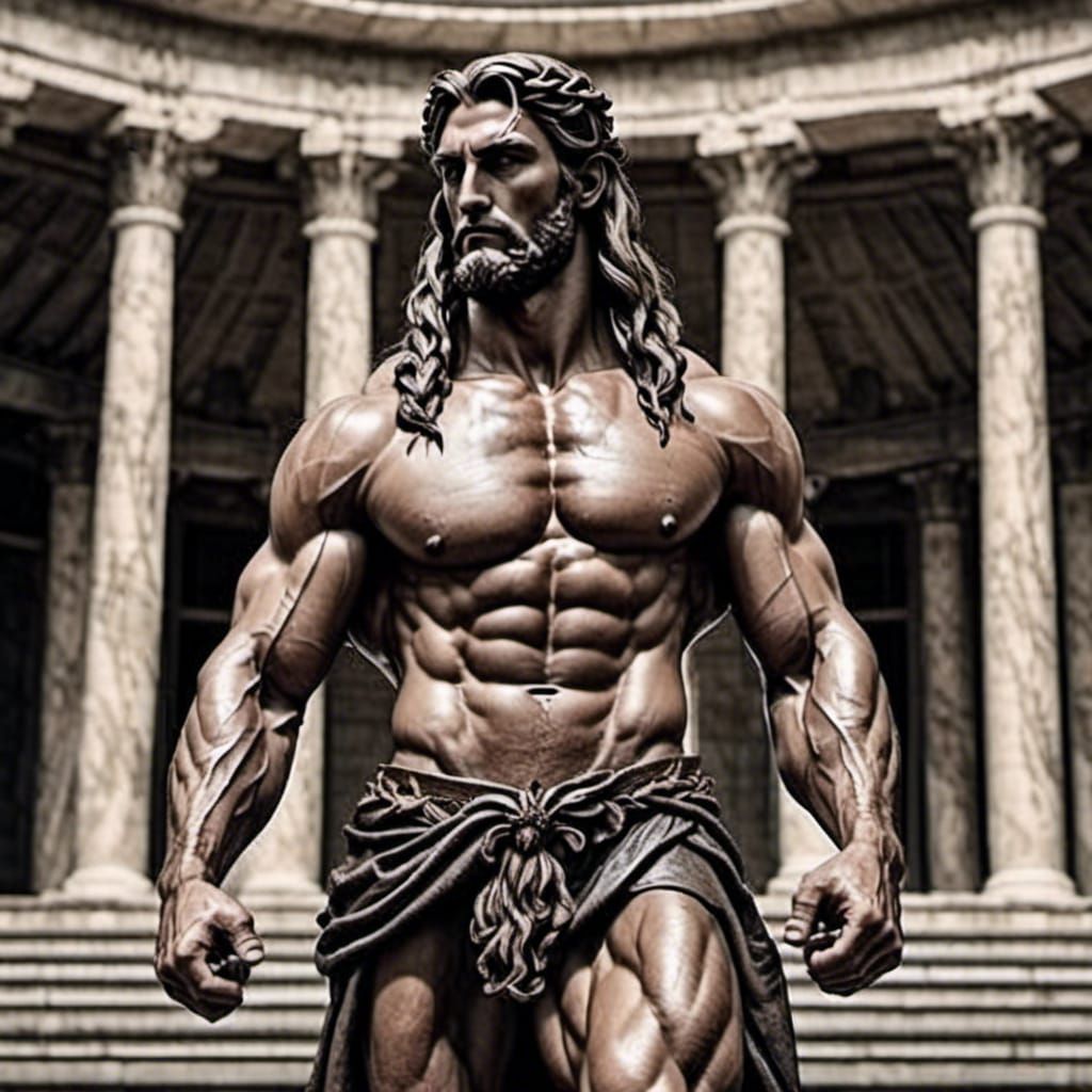 Handsome Dionysus Bodybuilder in Godlike Pose