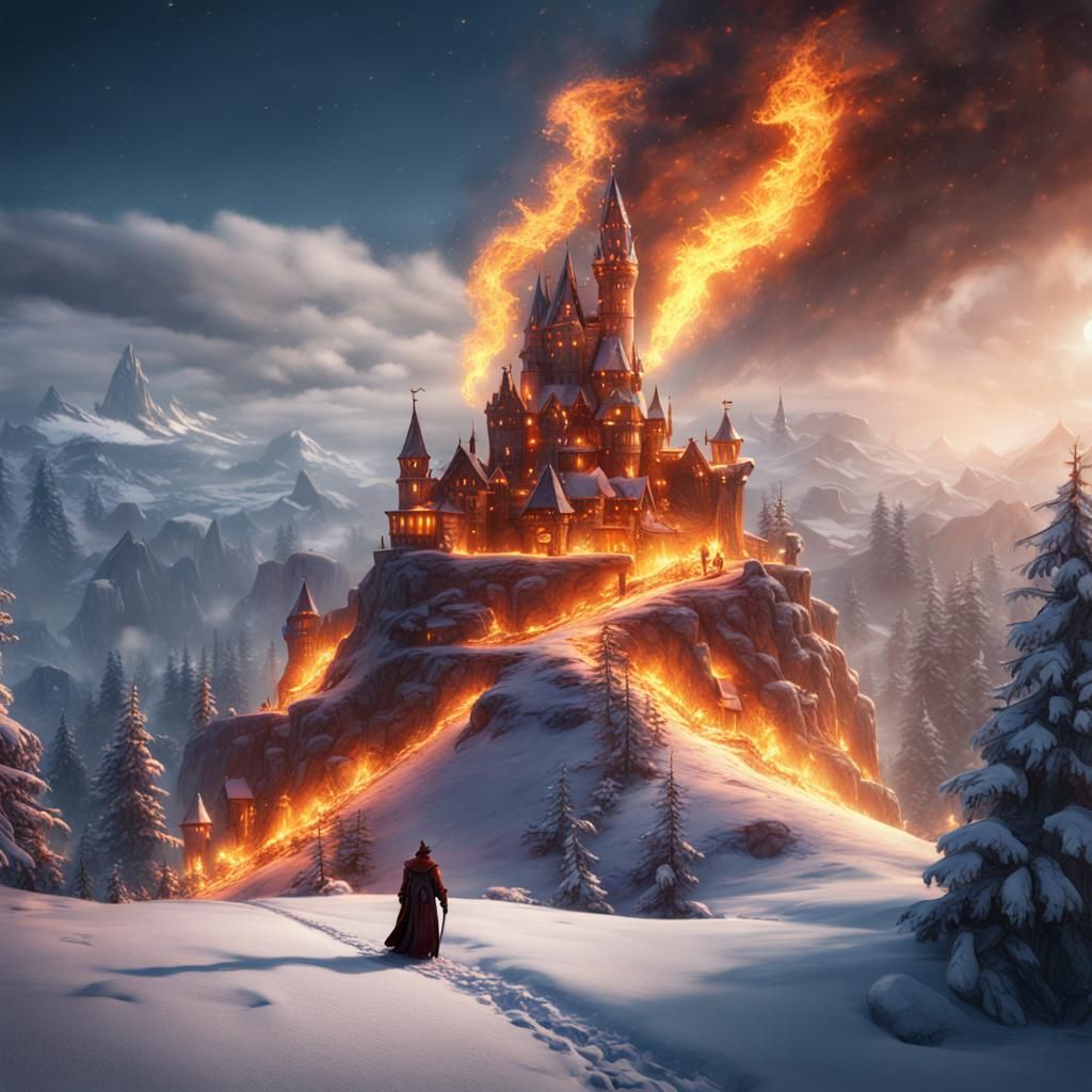 Sorcerer With Fire in Winter Landscape, Matte Painting