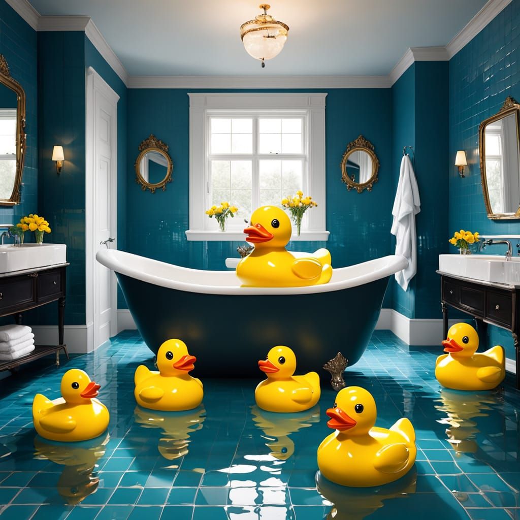 Vibrant Yellow Rubber Duck Bathroom Scene in Warm Light