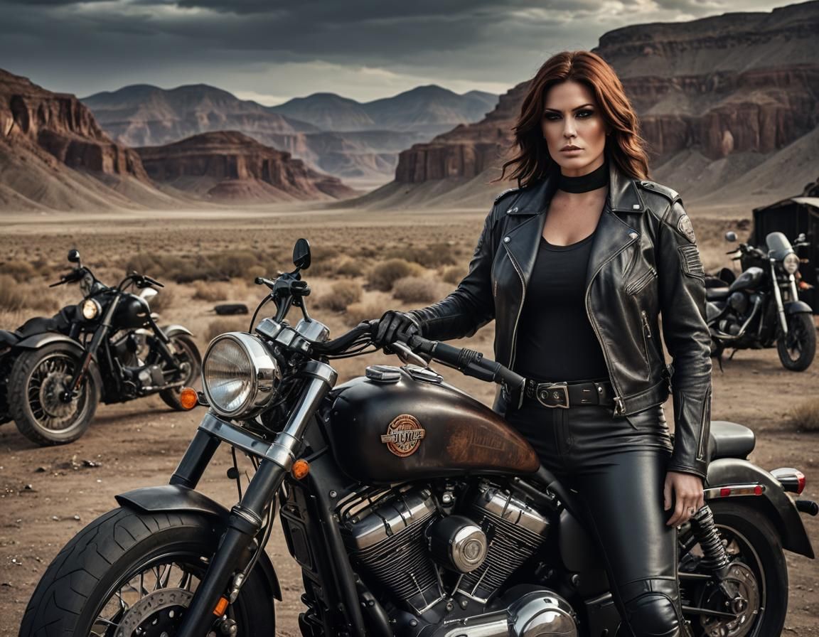 Motorcycle Woman in Post-Apocalyptic Landscape: Sharp Portra...