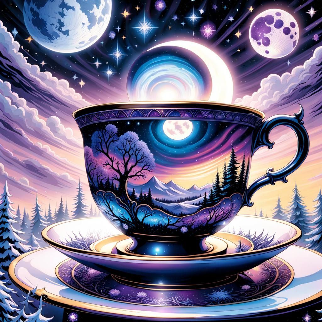 Cosmic Teacup: Winter Landscape in Watercolor