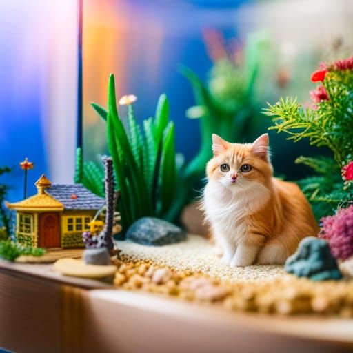 Miniature World Inside Aquarium Watched by Cat