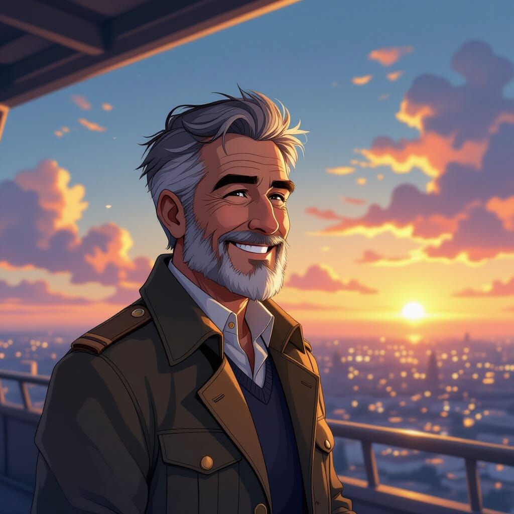 Old Sky Captain Smiling in Golden Hour Anime Style