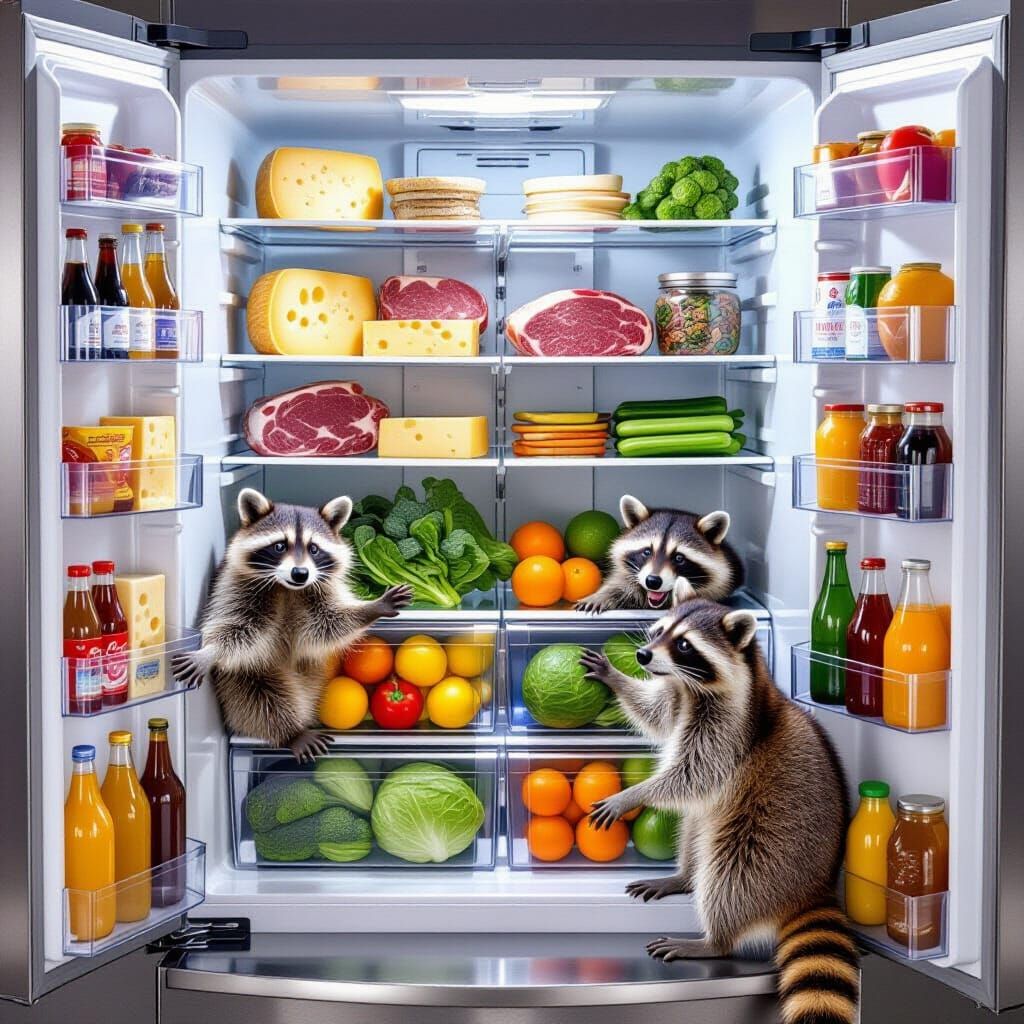 Realistic Refrigerator Interior with Raccoons Stealing Food