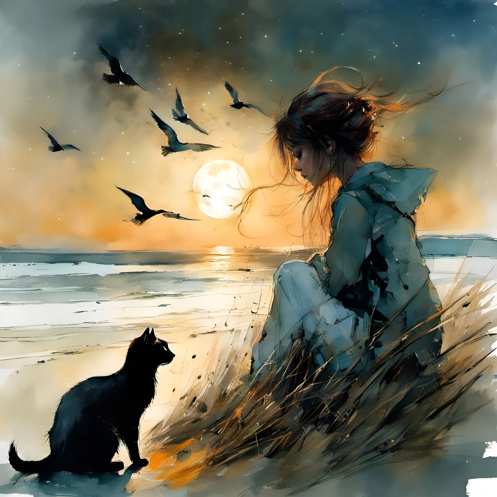 Girl and Cat Moonrise on Windy Beach, Griffiths Style