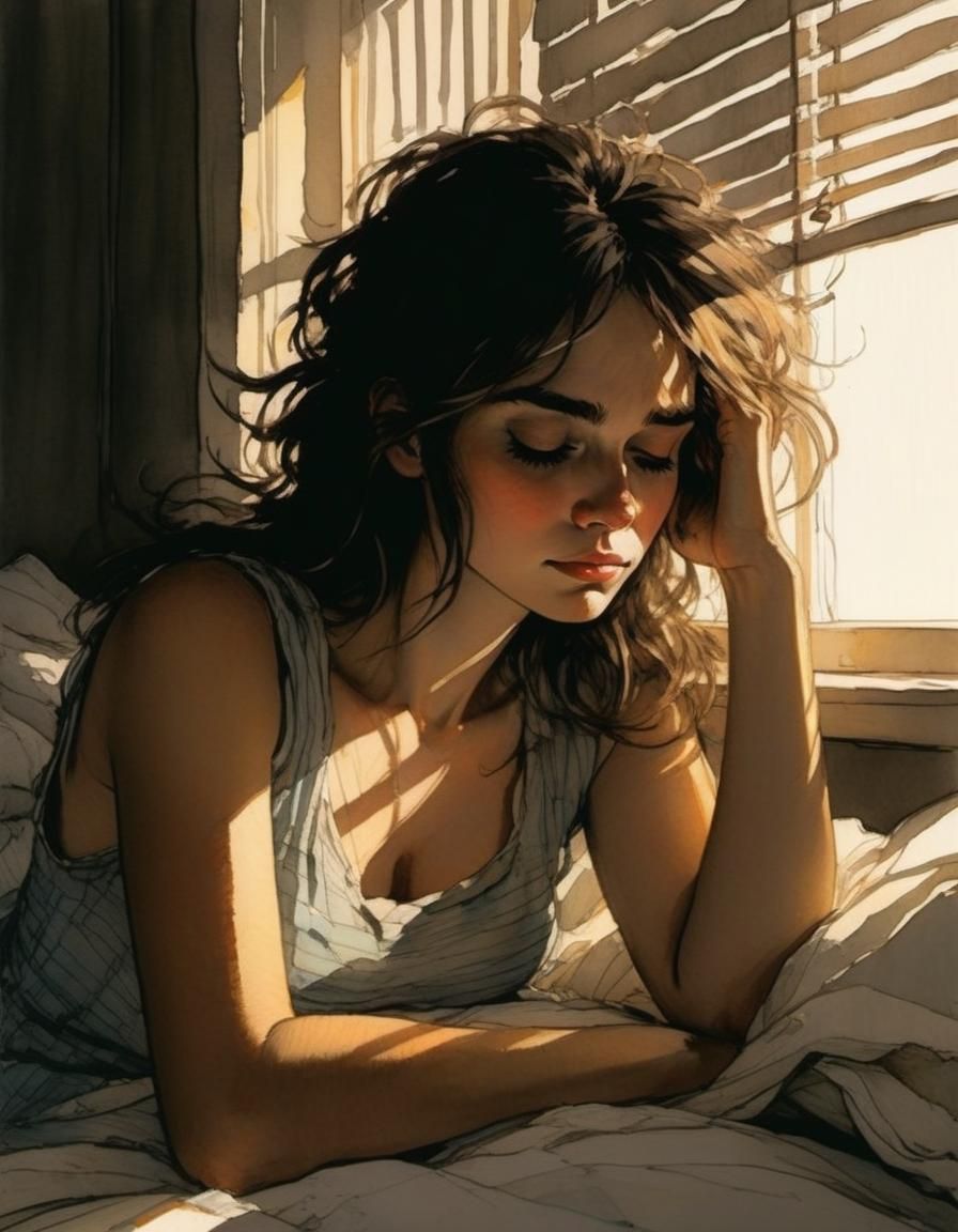 Exhausted Girl Squints at Sunrise: Pastel Watercolor Illustr...