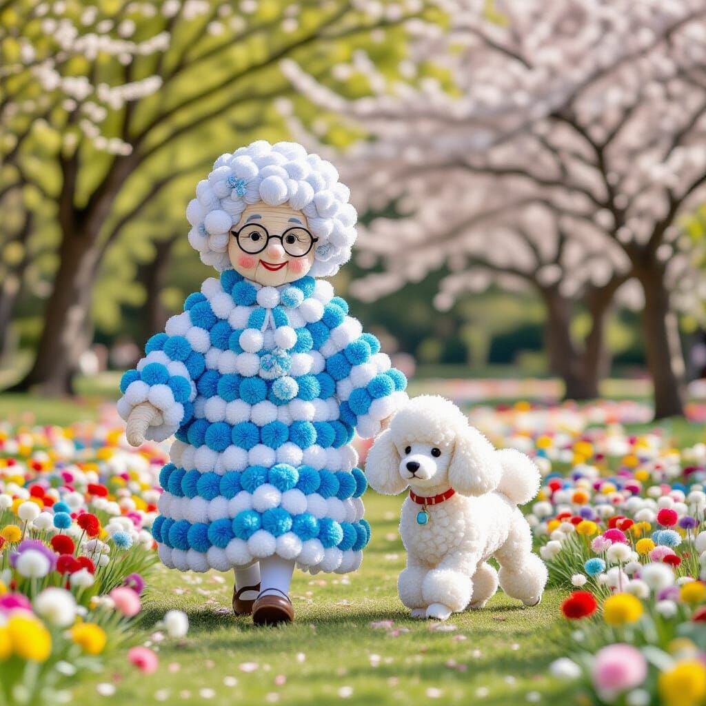 Whimsical Pom-Pom Grandmother and Poodle in Spring Park