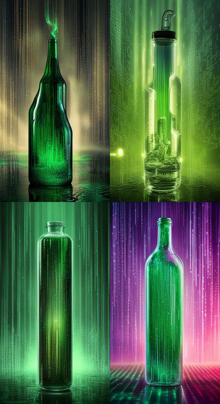 Matrix Code Rain in Glass Bottle: Hyperrealistic Digital Art