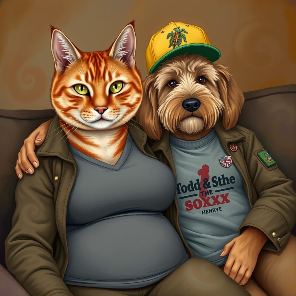 Whimsical Cat and Dog Couple in Colorful Wonderland