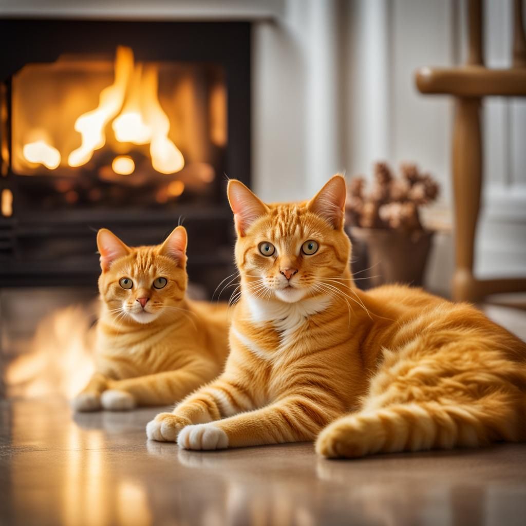 Two Yellow Cats by Fireplace: Professional Photography