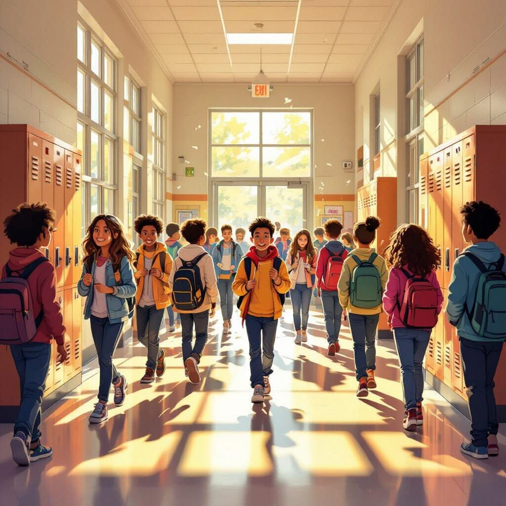 Diverse Students in Sunlight-Filled School Hallway