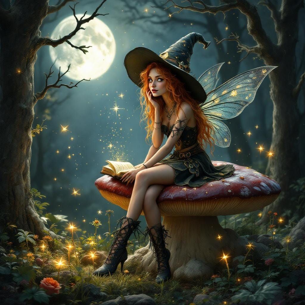 Fairy Witch on Mushroom in Moonlit Forest