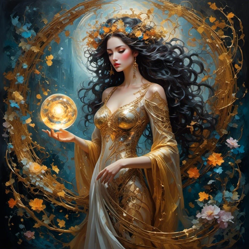 Enchantress with Crystal Orb Staff in Digital Art