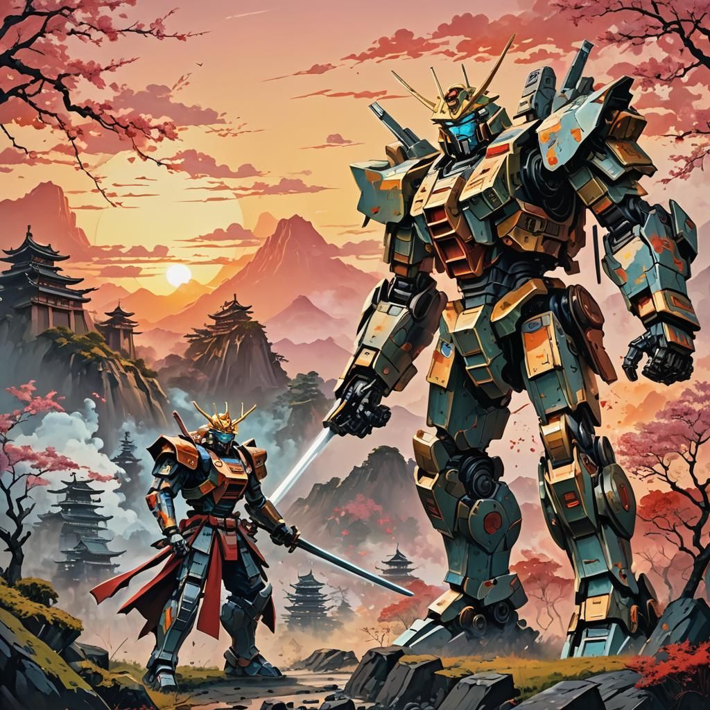 Epic Mecha Duel in Japanese Sunrise Landscape