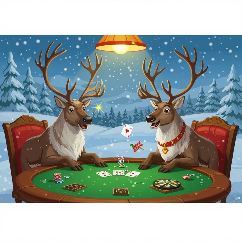 Reindeers Play Poker and Darts in Humorous Scene