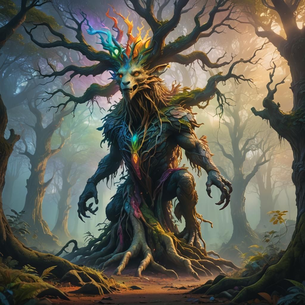 Mythical Creature Emerges from Misty Forest in Oil Painting ...