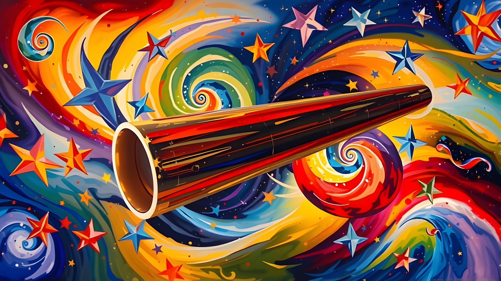 Reflective Cylinder Mirrors Kandinsky Stars in Dreamlike Cos...