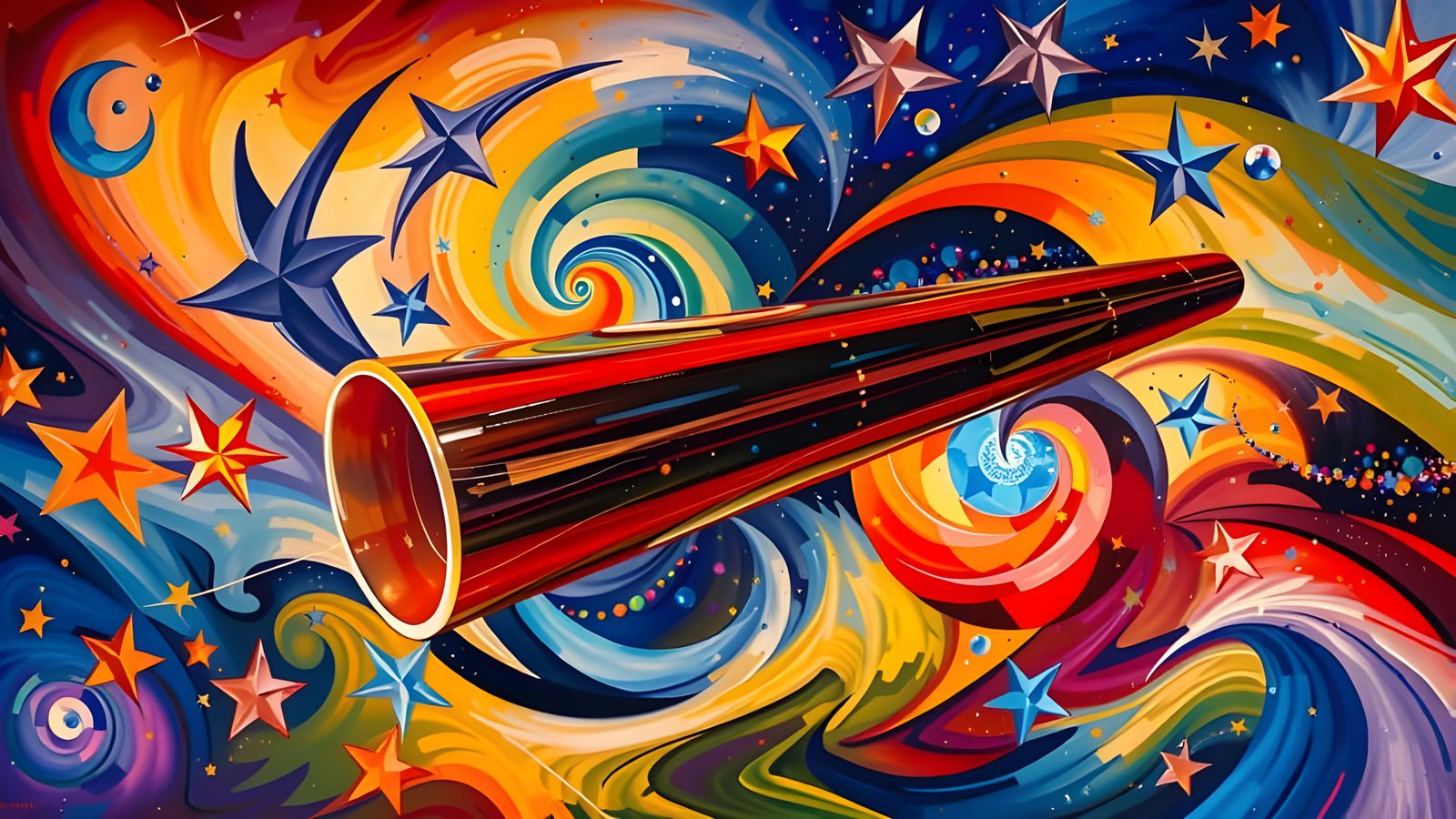 Reflective Cylinder Mirrored in Surreal Kandinsky Cosmos