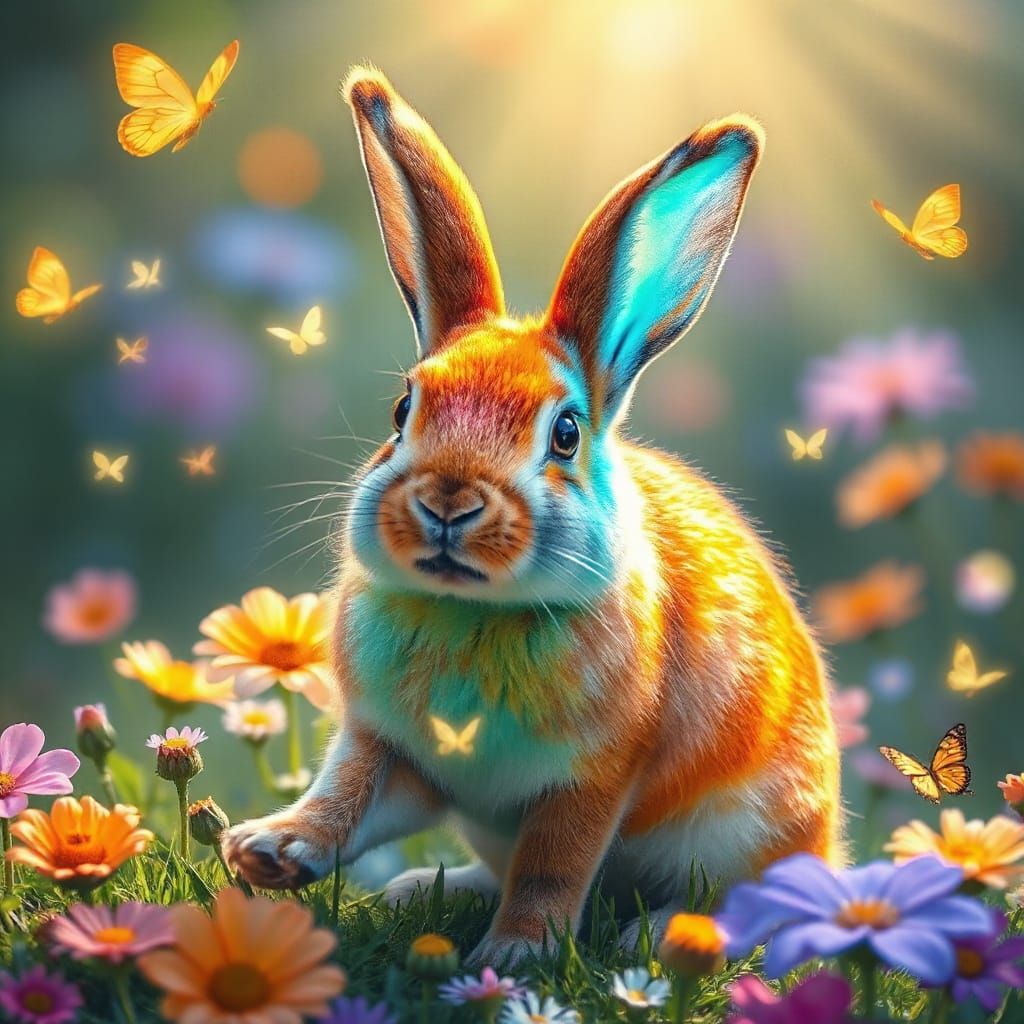 Magical Rabbit With Rainbow Fur in Enchanted Meadow