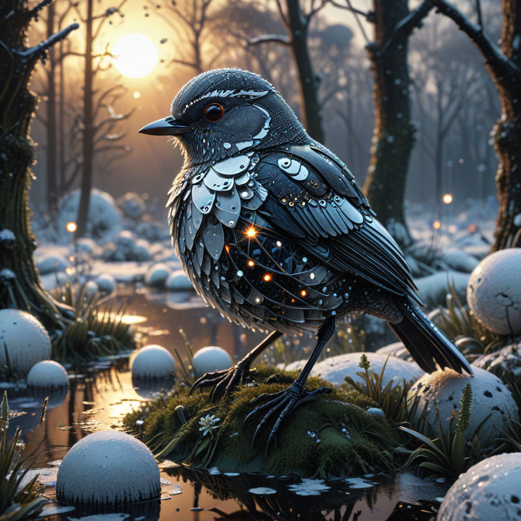 close up robin bird biomechanical winter swamp enveloped in ...