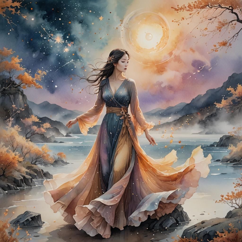Mystic Autumn Landscape with Woman in Watercolor Style