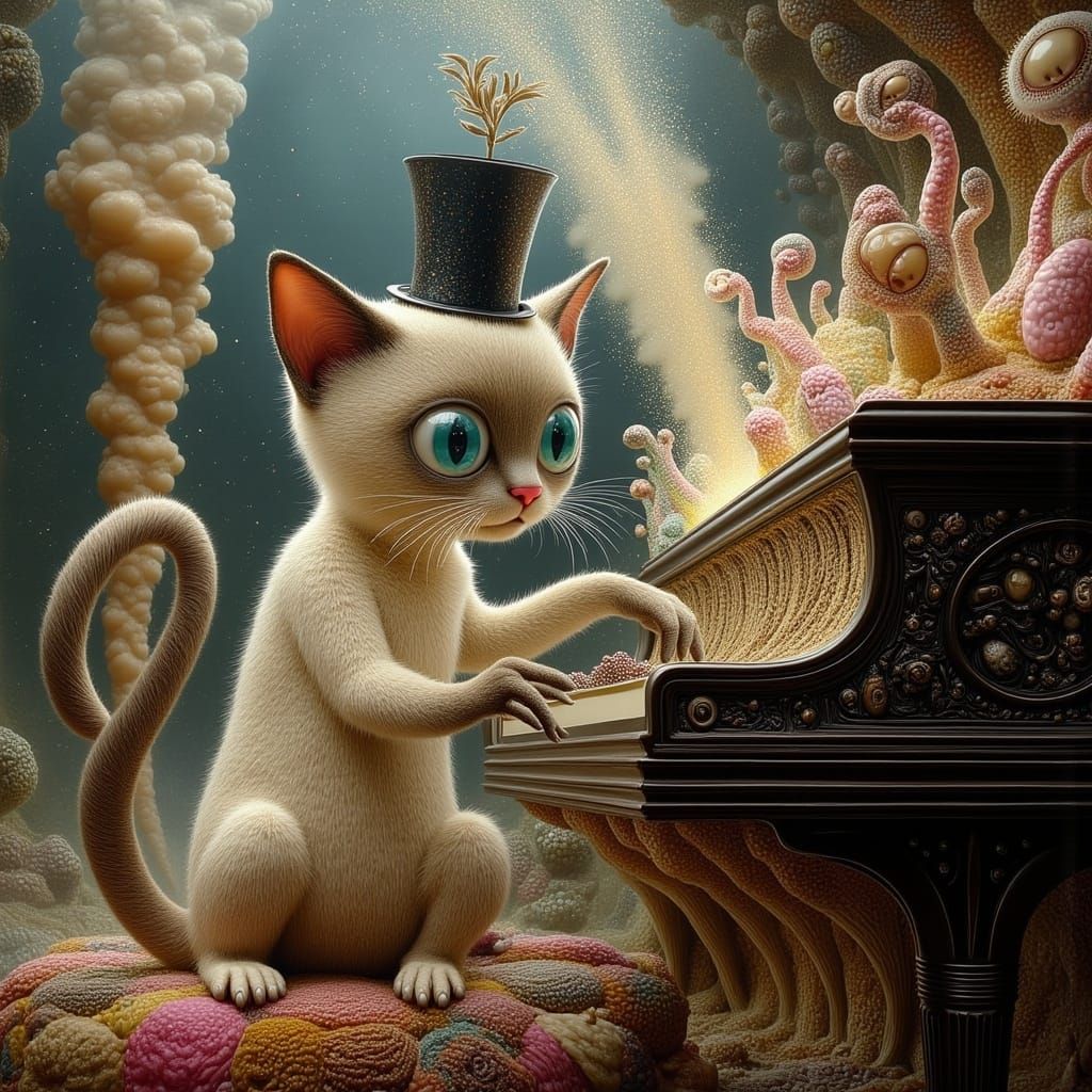 Surreal Siamese Cat Plays Piano in Dreamlike Style